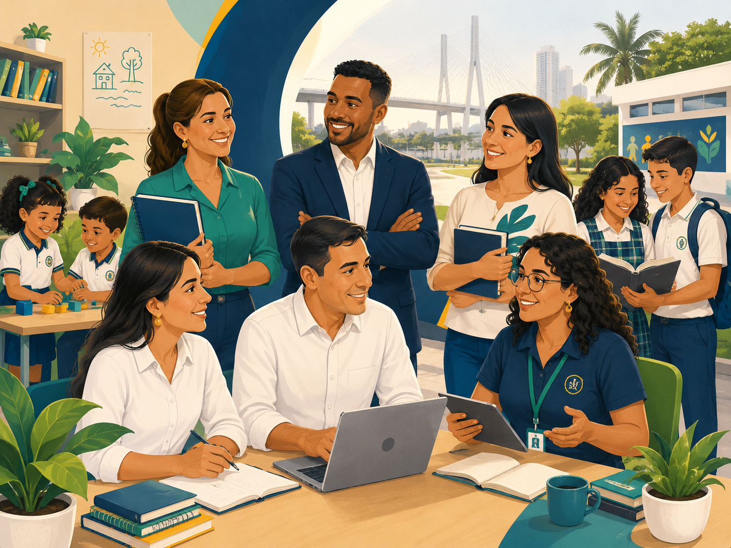 Ilustración del equipo docente y directivo en un ambiente educativo institucional